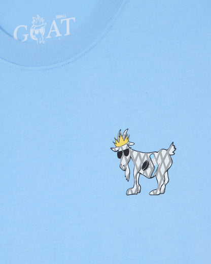 Blue t-shirt with a cartoon goat design and 'GOAT' text on a light blue background