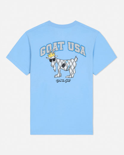 Light blue t-shirt with a graphic of a goat and 'GOAT USA' text on a white background