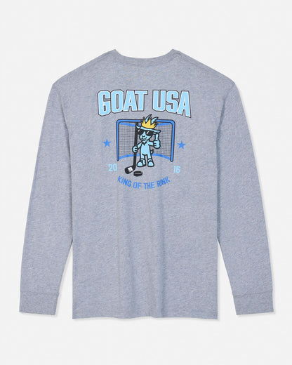 A heather gray long-sleeve t-shirt with a blue and white graphic on the front featuring a cartoon goat mascot in front of a hockey goal, with the text 'GOAT USA' and 'KING OF THE RINK'.