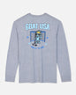 A heather gray long-sleeve t-shirt with a blue and white graphic on the front featuring a cartoon goat mascot in front of a hockey goal, with the text 'GOAT USA' and 'KING OF THE RINK'.