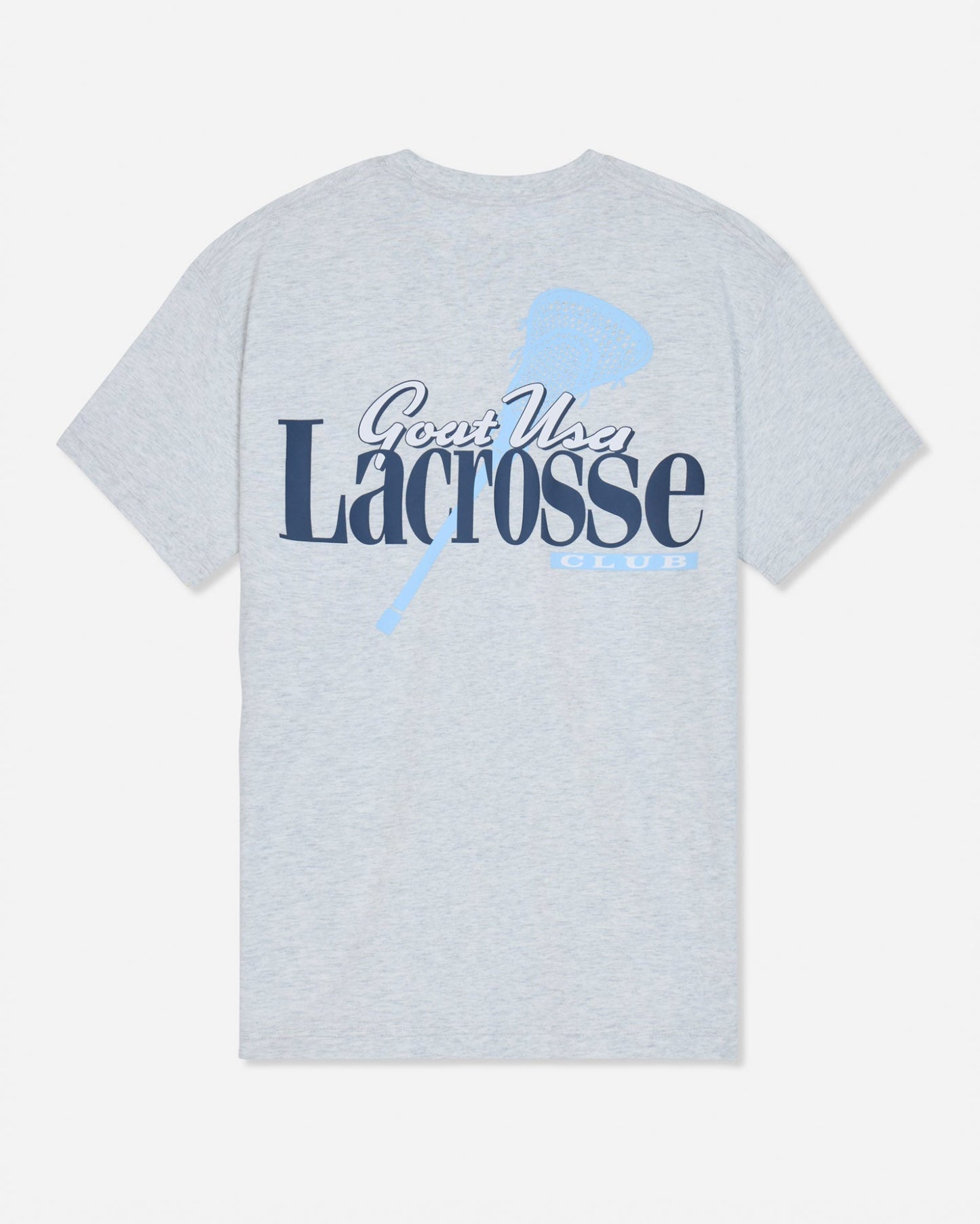 A light heather gray short-sleeve t-shirt with a graphic on the front reading 'Goat USA Lacrosse Club' in navy and light blue, featuring a lacrosse stick design.