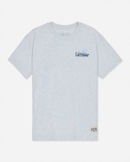 A light gray heather short-sleeve t-shirt with a small Lacrosse logo printed on the left chest, displayed flat against a light gray background.