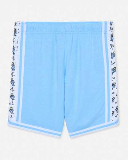 Light blue shorts with decorative white trim on a white background