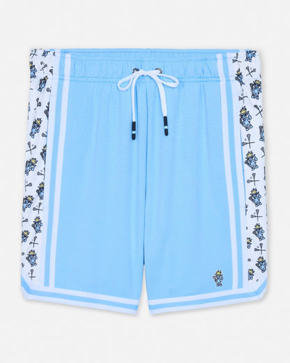 Light blue shorts with white drawstring and lacrosse goat pattern on a white background