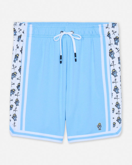 Light blue shorts with white drawstring and lacrosse goat pattern on a white background