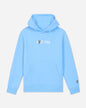 A light blue pullover hoodie with a white 'GOAT USA' graphic and bee logo on the chest, and a small matching bee logo on the left sleeve, shown against a light gray background.