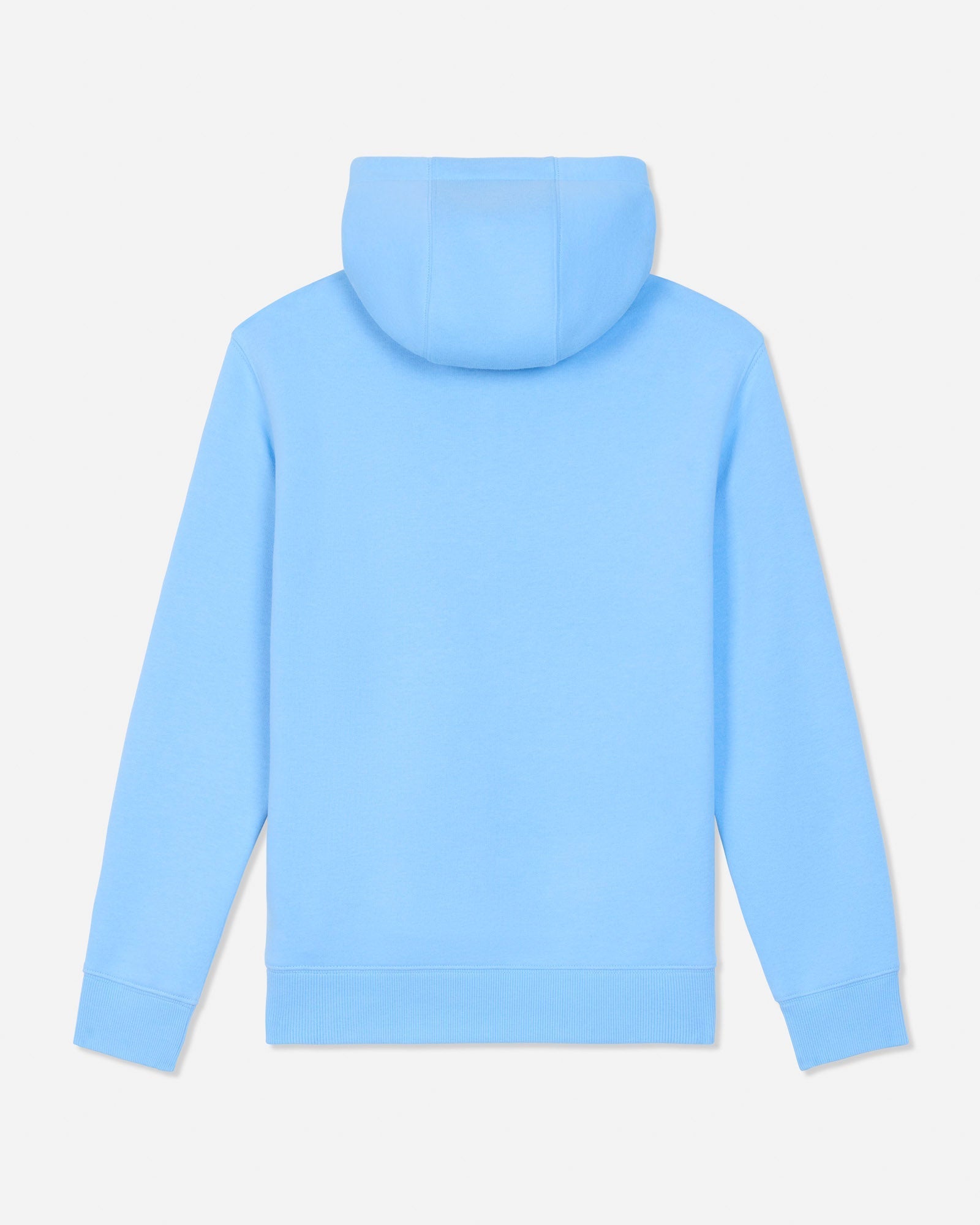 A light blue hooded sweatshirt shown from the back, featuring a solid color design and ribbed cuffs and hem, set against a plain light gray background.