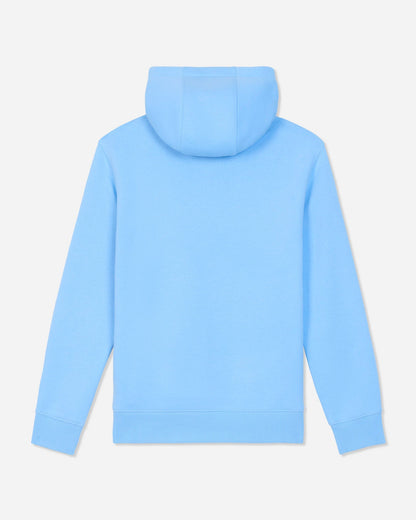 A light blue hooded sweatshirt shown from the back, featuring a solid color design and ribbed cuffs and hem, set against a plain light gray background.