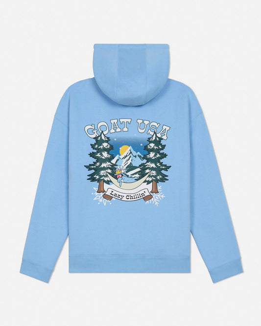 Light blue hoodie with graphic design on the back against a white background