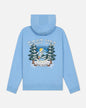 Light blue hoodie with graphic design on the back against a white background