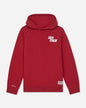 A red pullover hoodie with a white 'LAZY CHILLIN' graphic printed on the left chest, displayed against a light gray background.