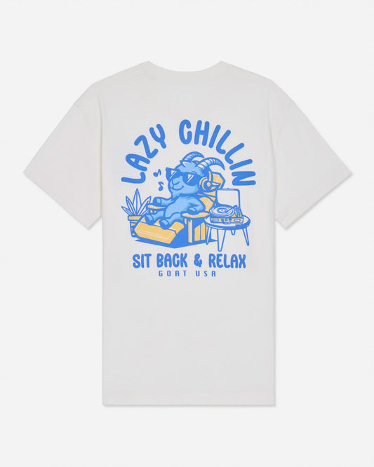 Back of bone t-shirt with goat sitting back and listening to music graphic