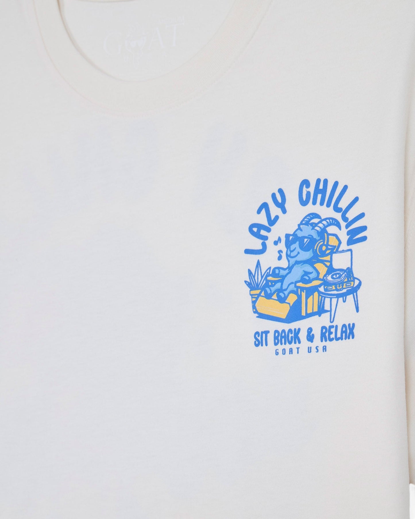 Bone t-shirt with goat sitting back and listening to music left-chest graphic