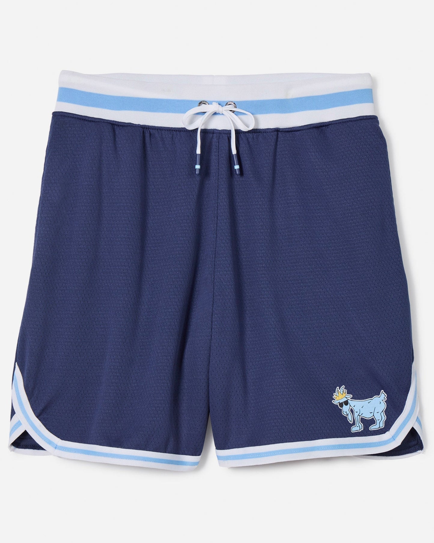 Navy mesh shorts with blue and white waistband#color_navy