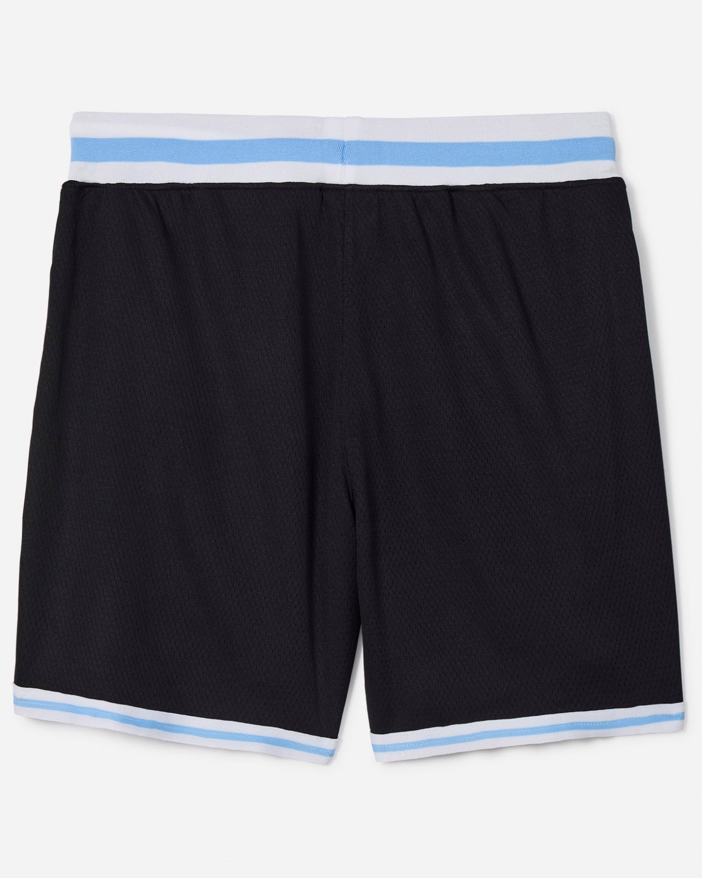 Back of black mesh shorts with blue and white waistband#color_black
