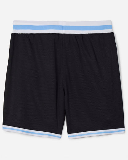 Back of black mesh shorts with blue and white waistband#color_black