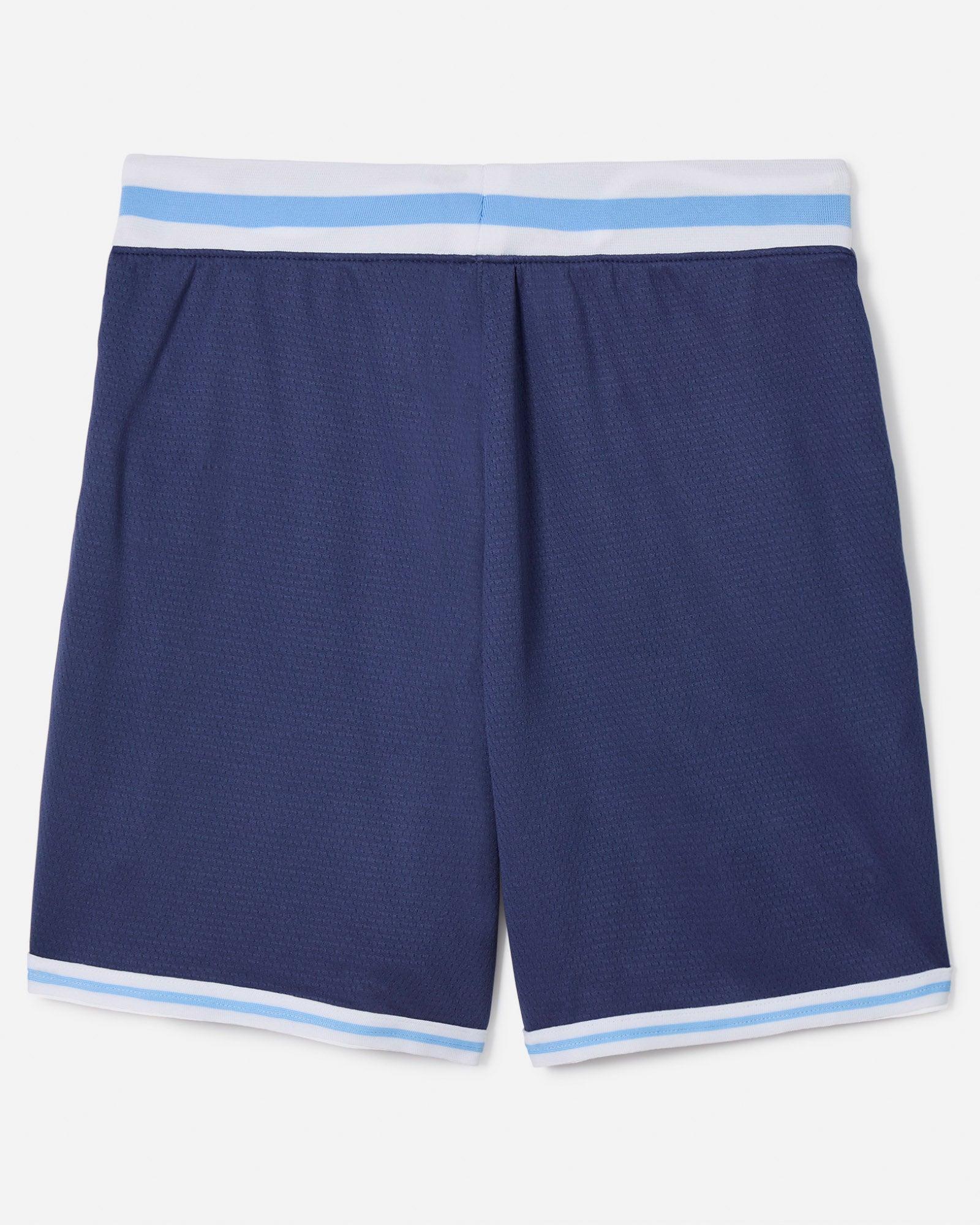Back of navy mesh shorts with blue and white waistband#color_navy