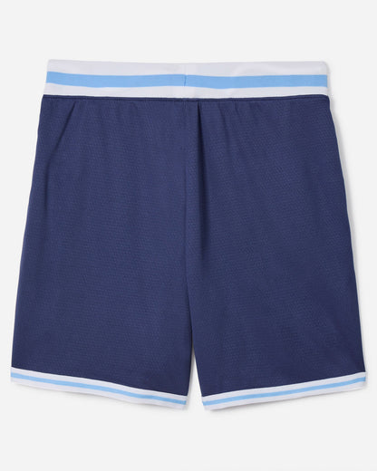 Back of navy mesh shorts with blue and white waistband#color_navy