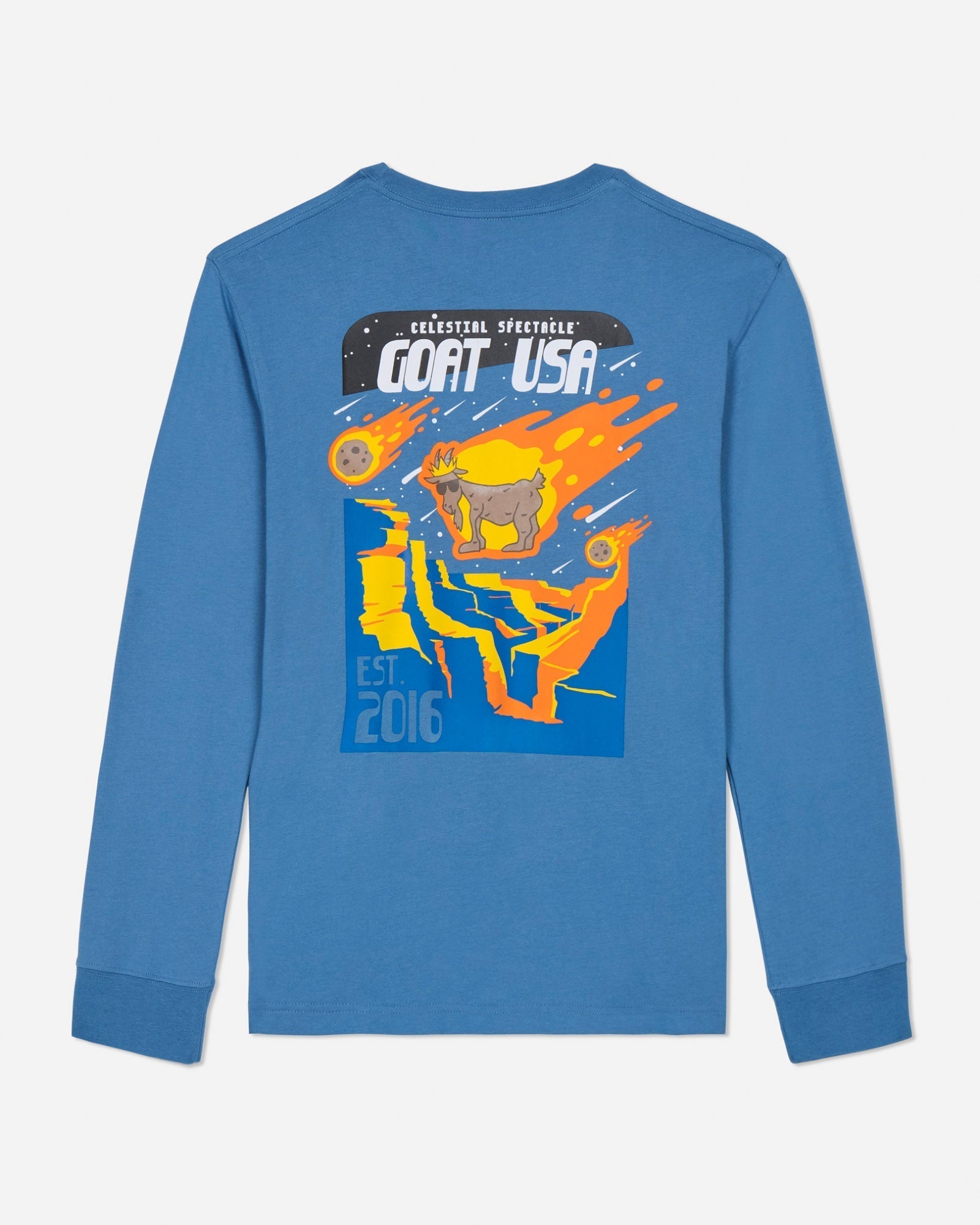 Blue long-sleeve shirt with colorful graphic design on a light gray background