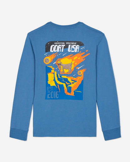 Blue long-sleeve shirt with colorful graphic design on a light gray background