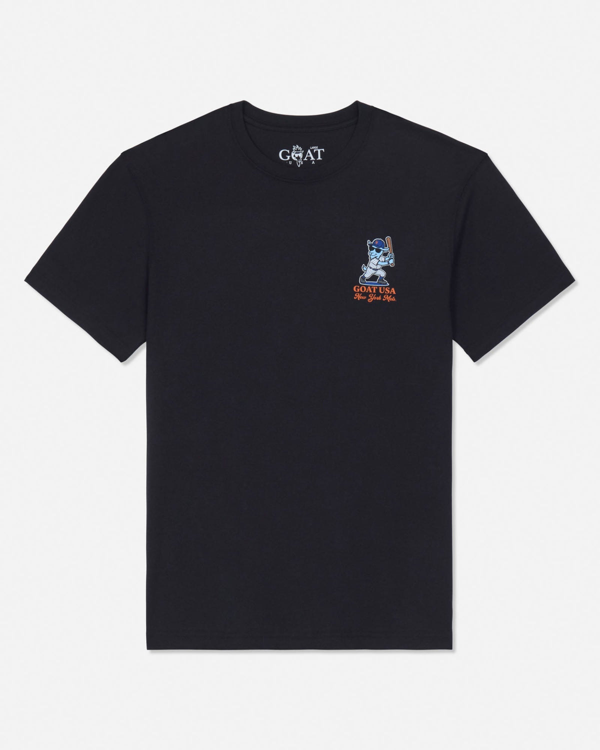 A black short-sleeve t-shirt by GOAT USA, featuring a small graphic on the left chest with a blue goat and orange text, displayed on a clean white background.