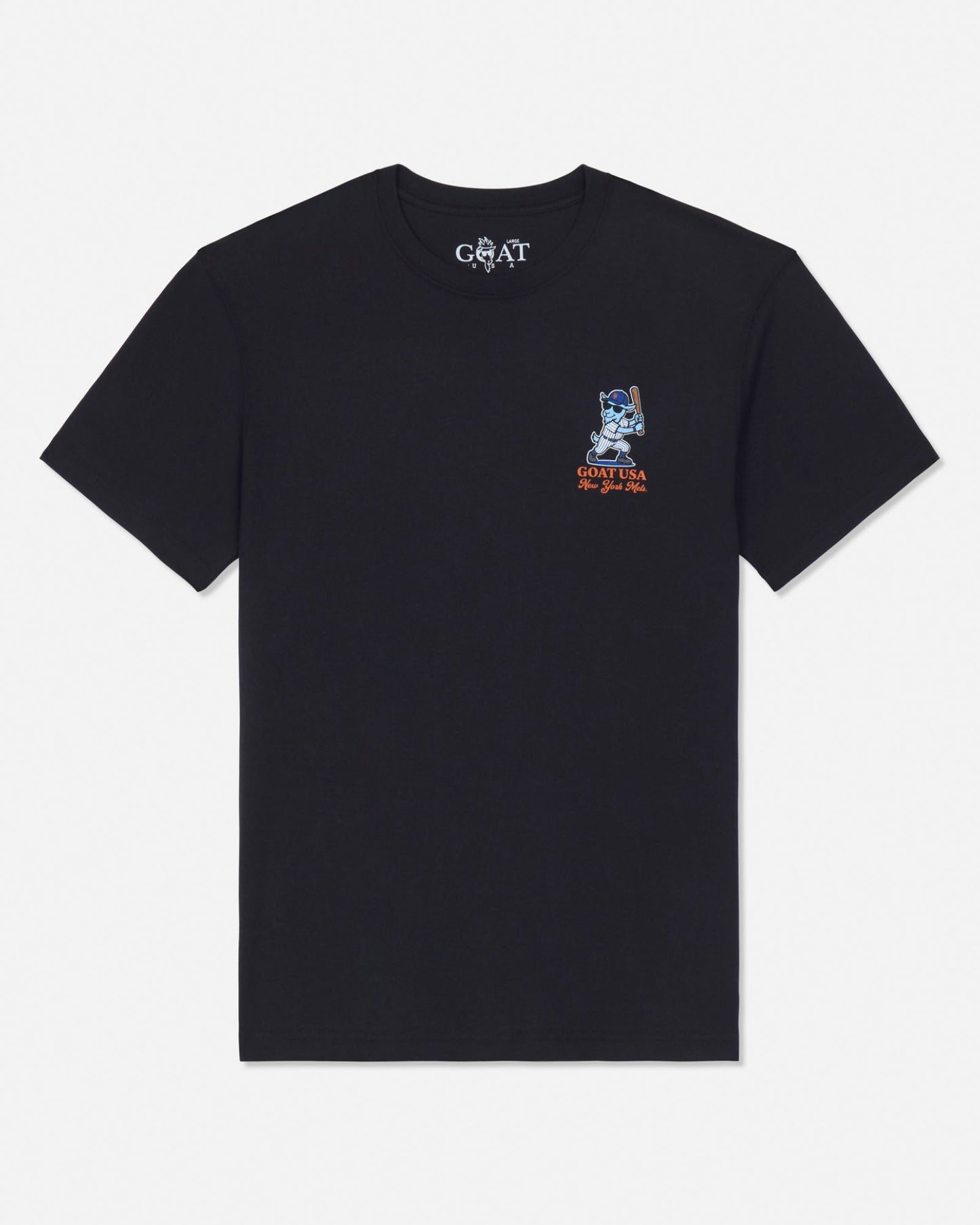 A black short-sleeve t-shirt by GOAT USA, featuring a small graphic on the left chest with a blue goat and orange text, displayed on a clean white background.