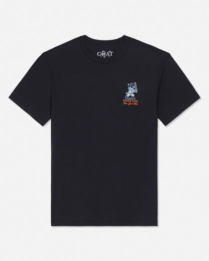 A black short-sleeve t-shirt by GOAT USA, featuring a small graphic on the left chest with a blue goat and orange text, displayed on a clean white background.