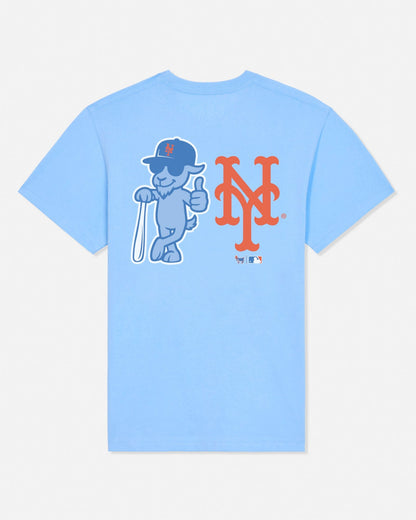 Light blue tee with blue cartoon goat leaning on a baseball bat and the New York Mets logo