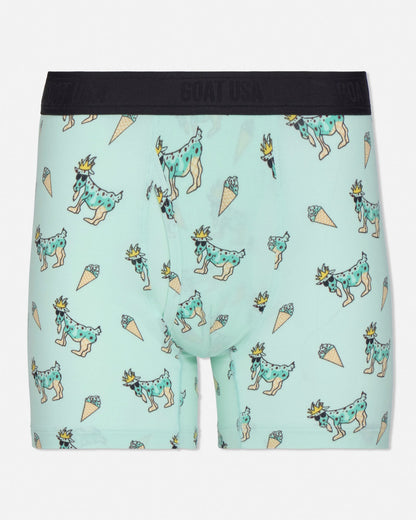 Mint green boxer briefs with goat and ice cream pattern on a white background