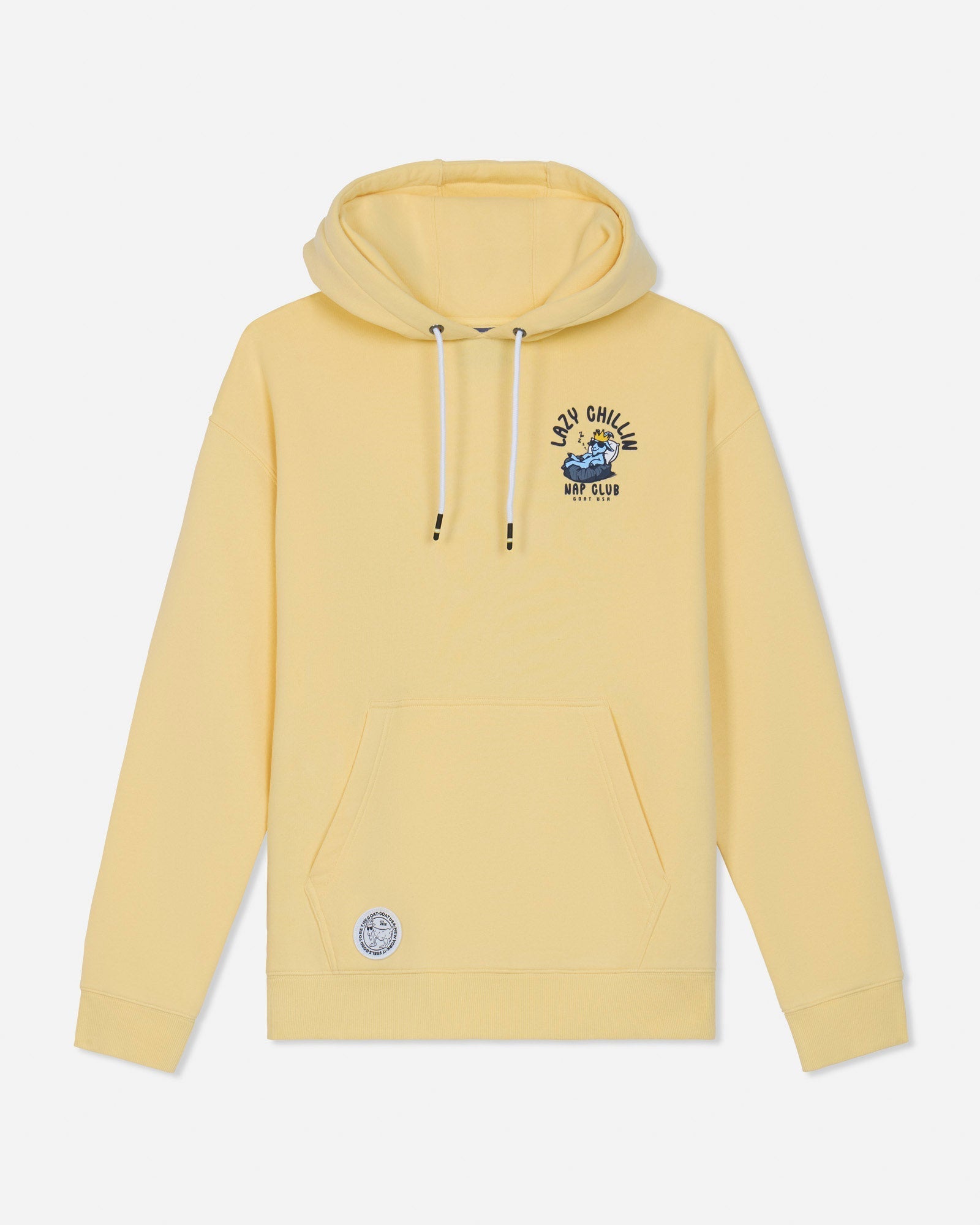 A pale yellow pullover hoodie with white drawstrings, a kangaroo pocket, and a blue and black graphic on the left chest reading 'LAZY CHILLIN NAP CLUB' alongside a small circular patch near the lower left hem, shown on a light gray background.