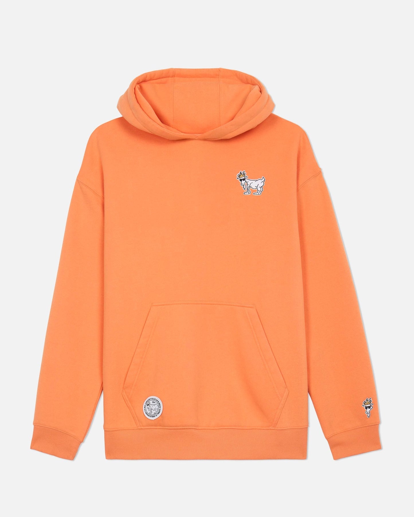 Orange hoodie with a small graphic on the chest against a light gray background#color_muskmelon
