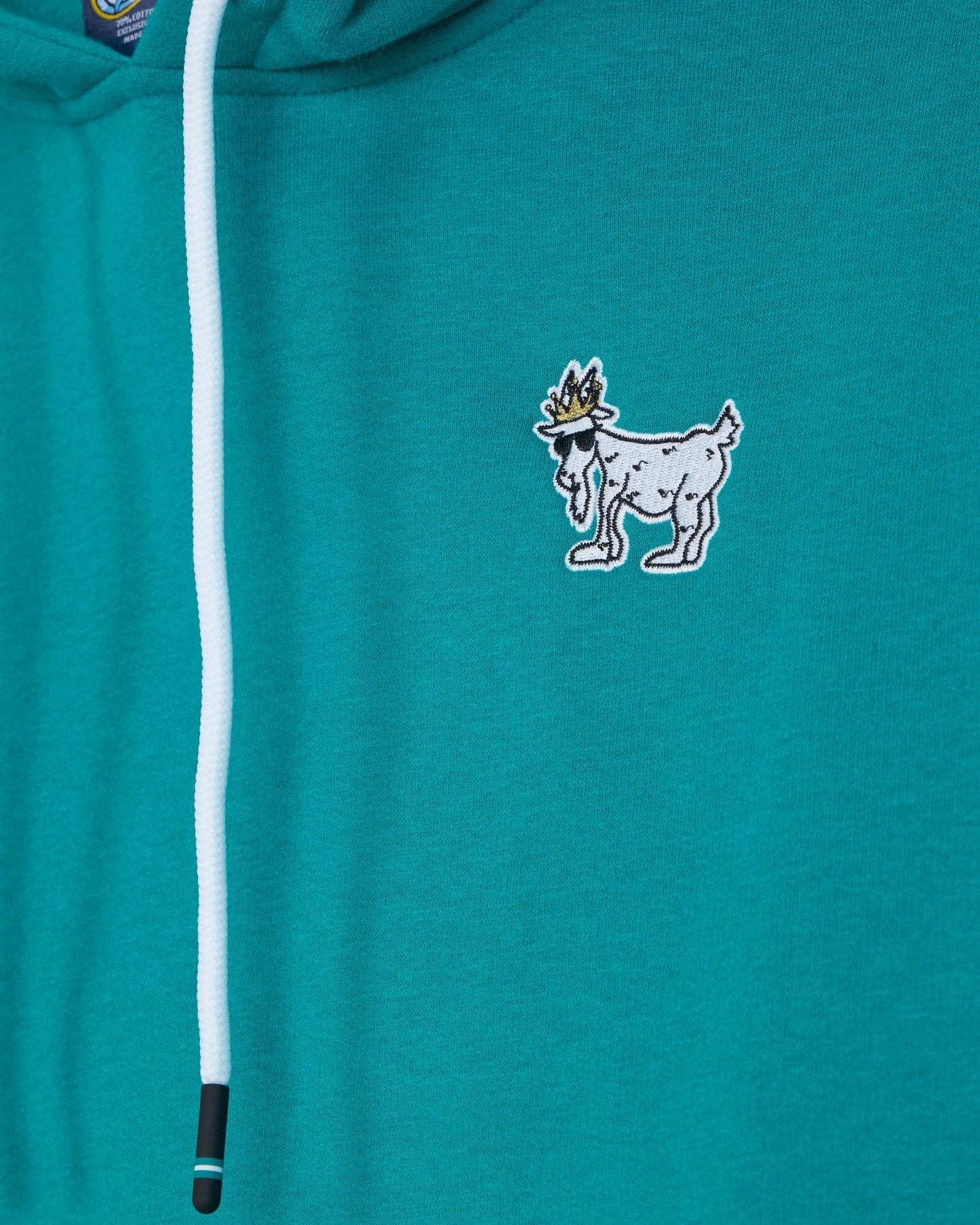 Teal hoodie with a goat logo on the chest#color_teal-blue