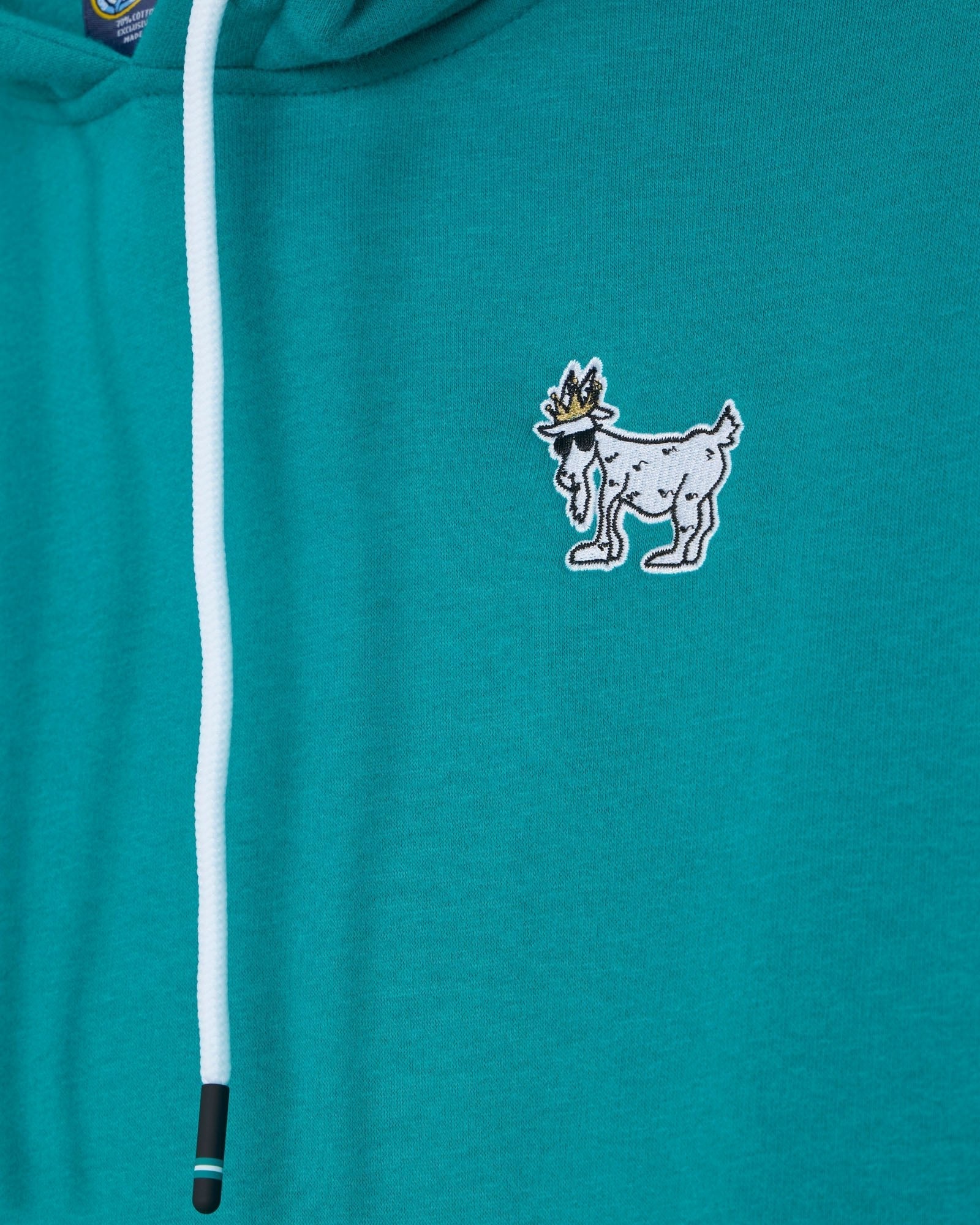 Teal hoodie with a goat logo on the chest#color_teal-blue