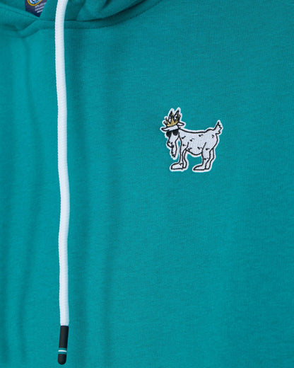 Teal hoodie with a goat logo on the chest#color_teal-blue