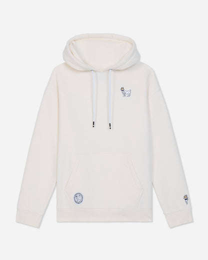An off-white pullover hoodie with white drawstrings, featuring a small embroidered character on the left chest and a circular patch on the lower left front pocket, shown against a light gray background.#color_bone
