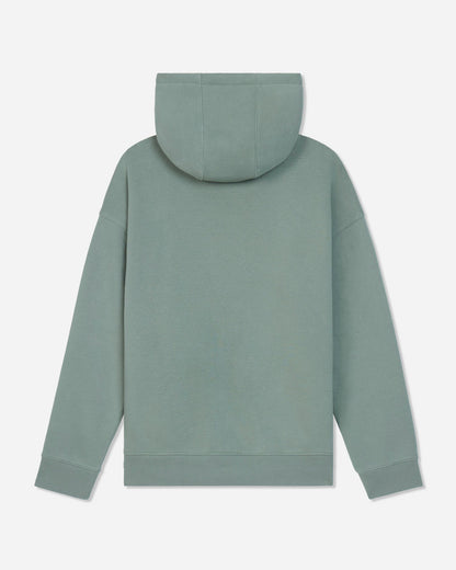 A sage green hooded sweatshirt shown from the back, featuring a relaxed fit, ribbed cuffs, and a ribbed hem, photographed against a light gray background.#color_steeped-sage