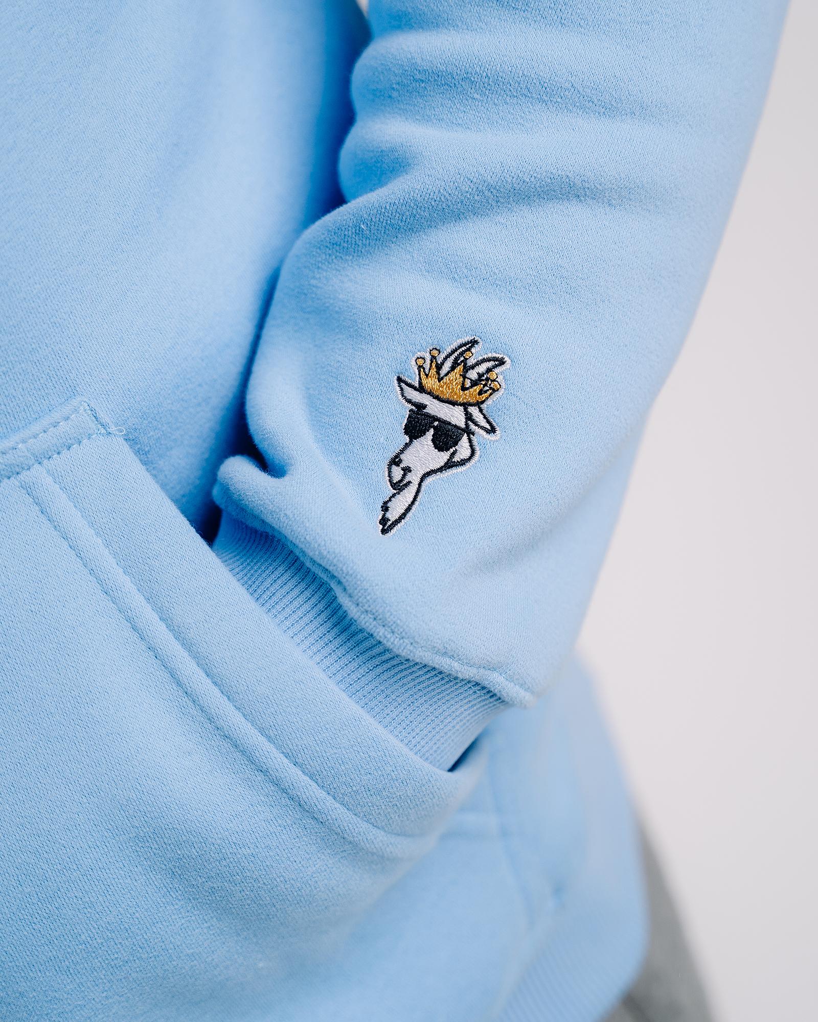 Close-up of sleeve logo embroidery on the carolina blue WG Hooded Sweatshirt#color_carolina-blue