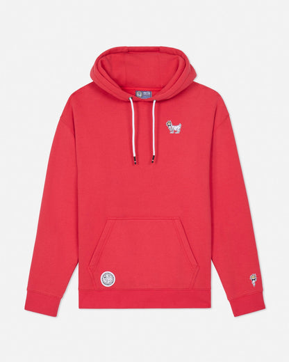 Red hoodie with a small logo on a white background#color_poinsettia