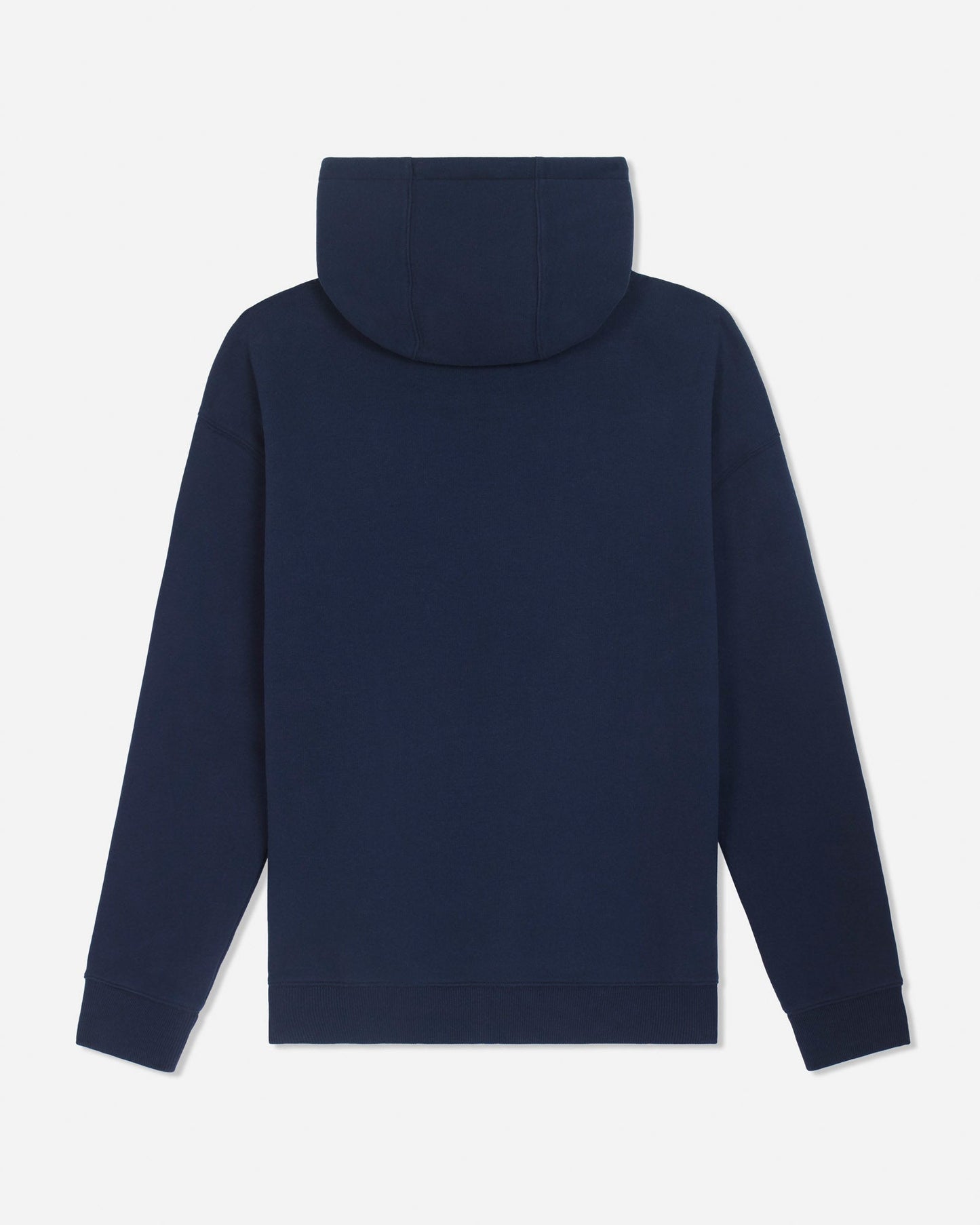 A navy blue hooded sweatshirt shown from the back, laid flat against a light gray background.#color_navy-blazer