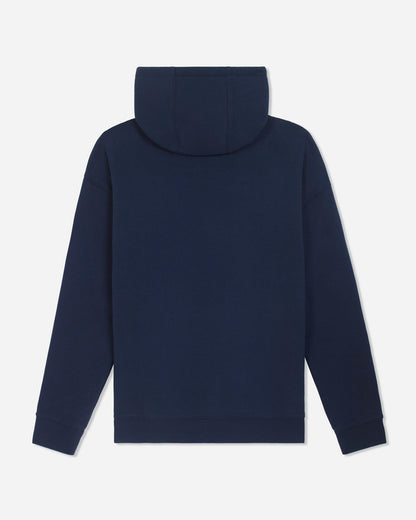 A navy blue hooded sweatshirt shown from the back, laid flat against a light gray background.#color_navy-blazer