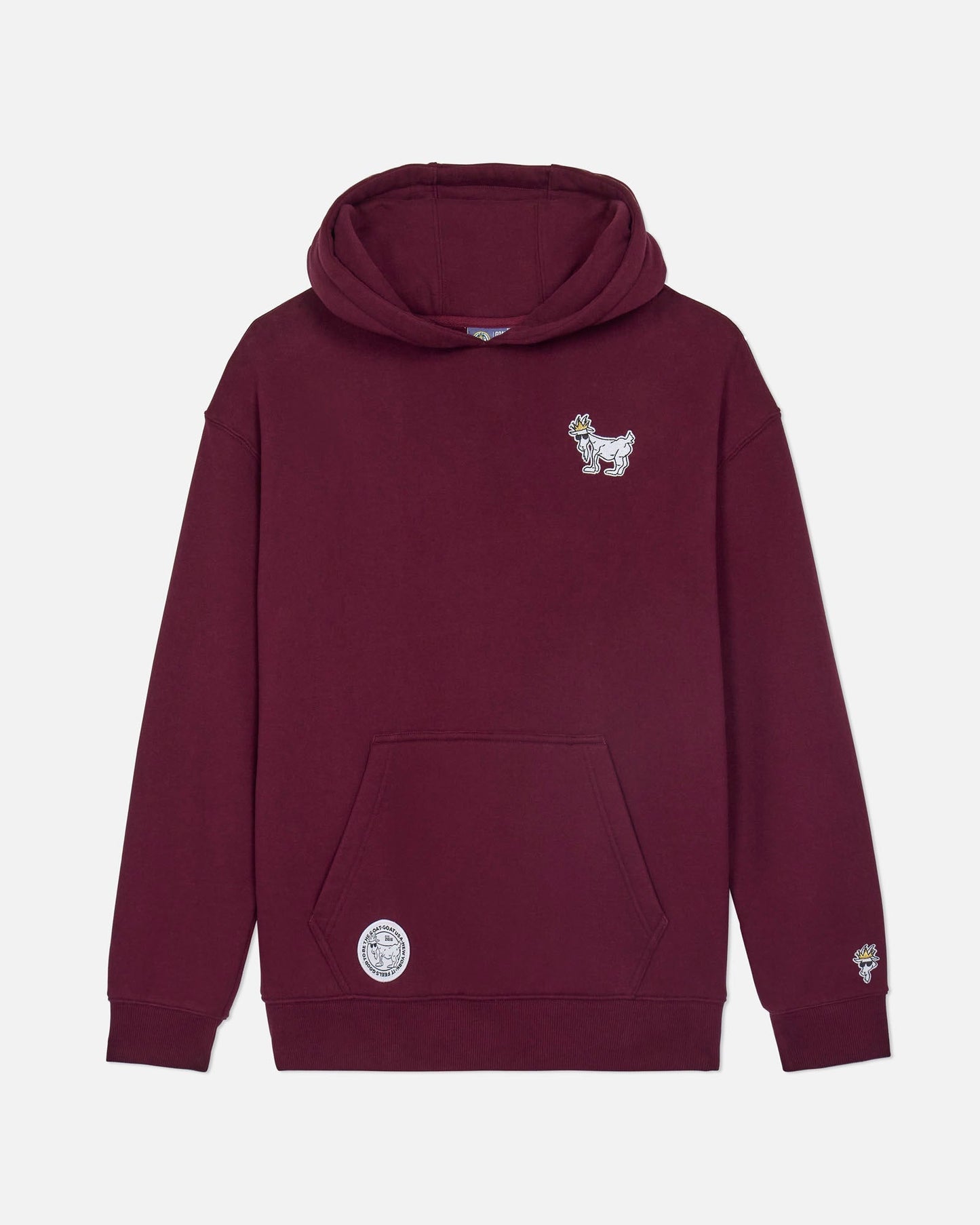 Maroon hoodie with a small white goat design on a light gray background#color_windsor-wine