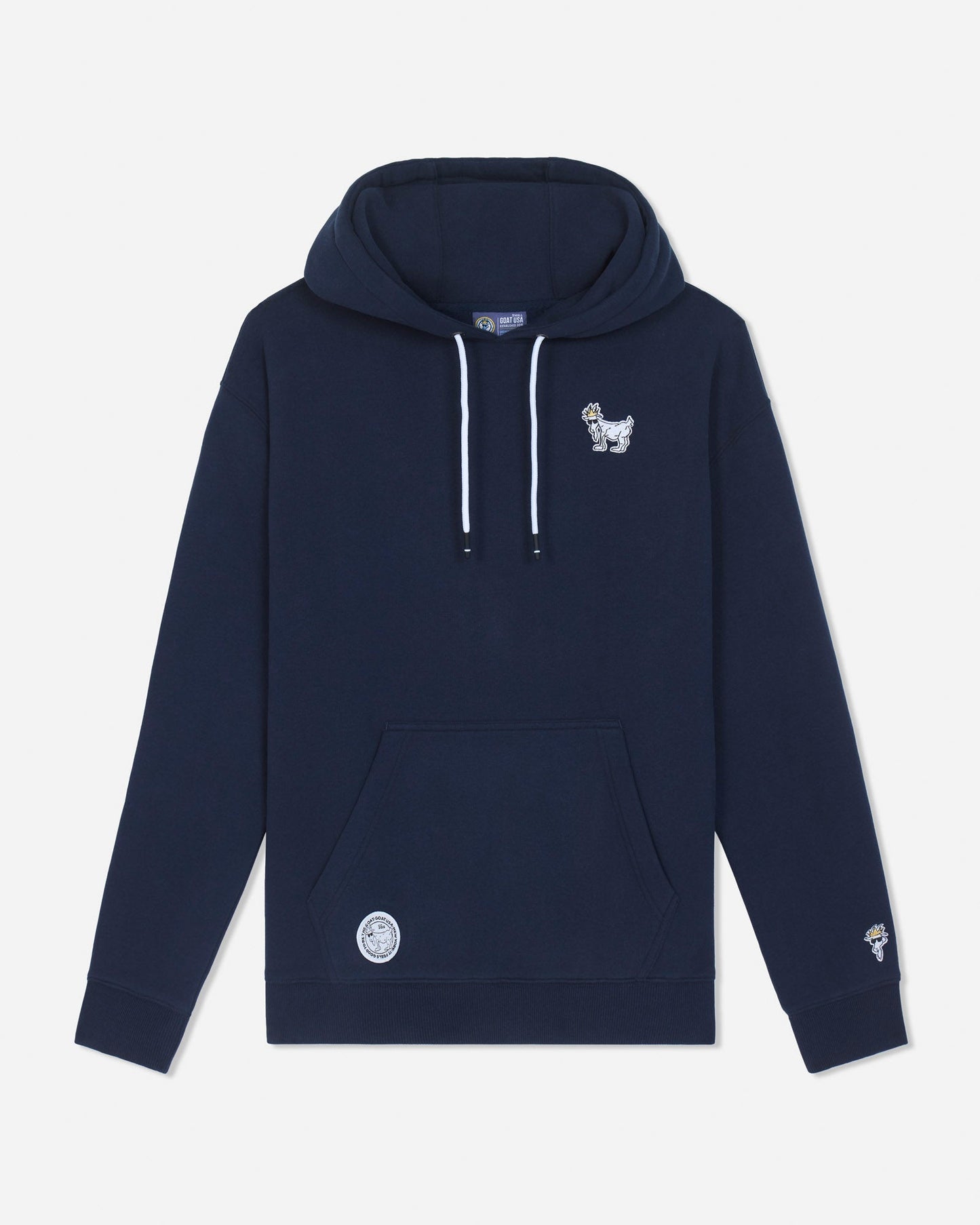 A navy blue pullover hoodie with white drawstrings, featuring a small white embroidered goat logo on the left chest and a circular white patch on the front pocket, displayed against a light gray background.#color_navy-blazer