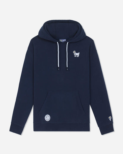 A navy blue pullover hoodie with white drawstrings, featuring a small white embroidered goat logo on the left chest and a circular white patch on the front pocket, displayed against a light gray background.#color_navy-blazer