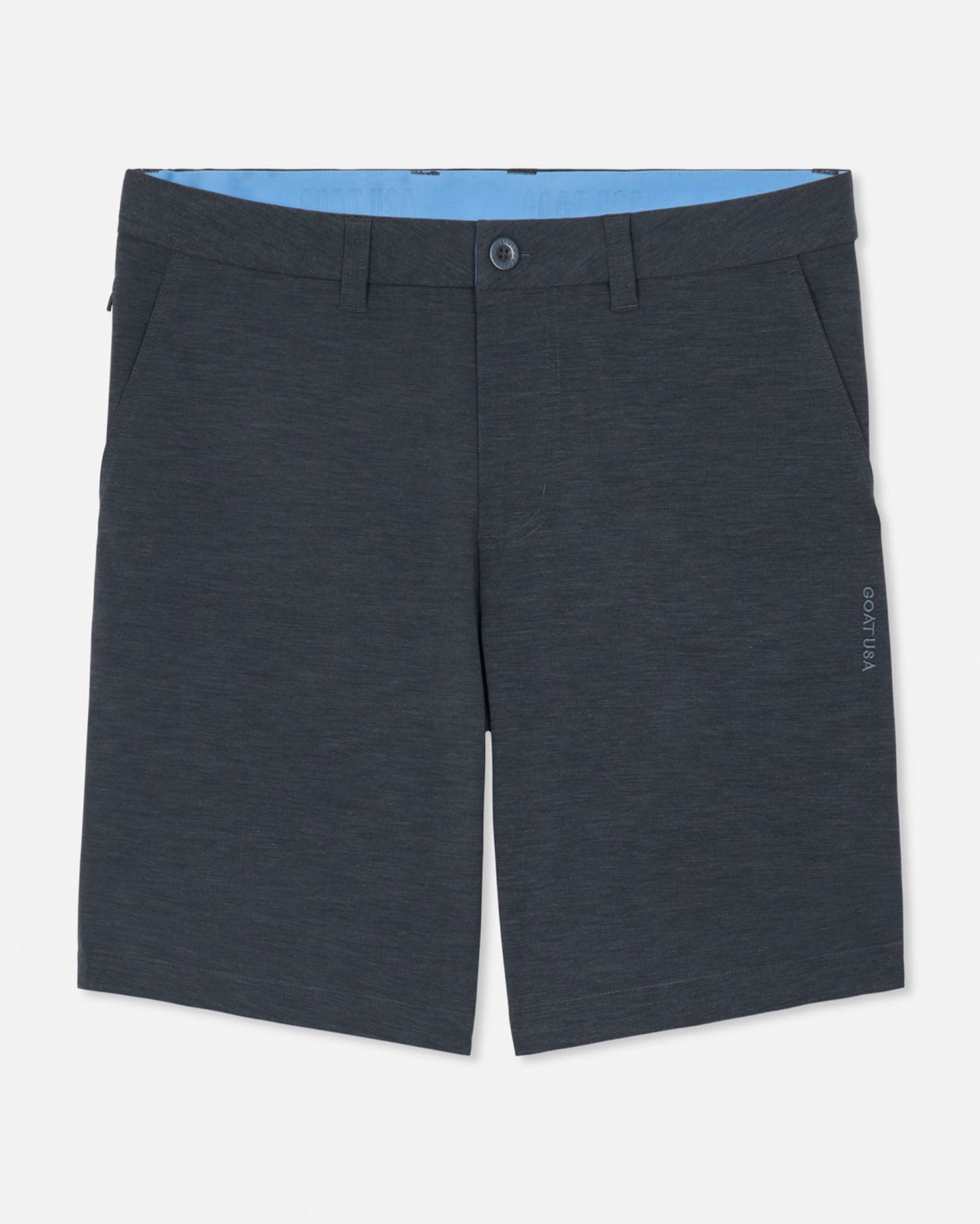Dark gray shorts with a blue lining on a light gray background#color_gray