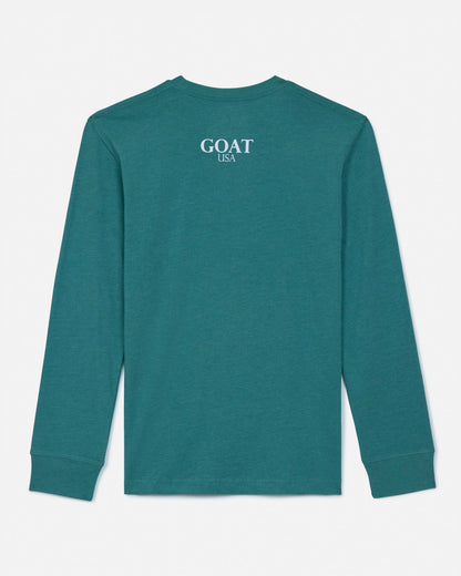 Green long-sleeve shirt with 'GOAT USA' text on the back against a white background#color_deep-sea