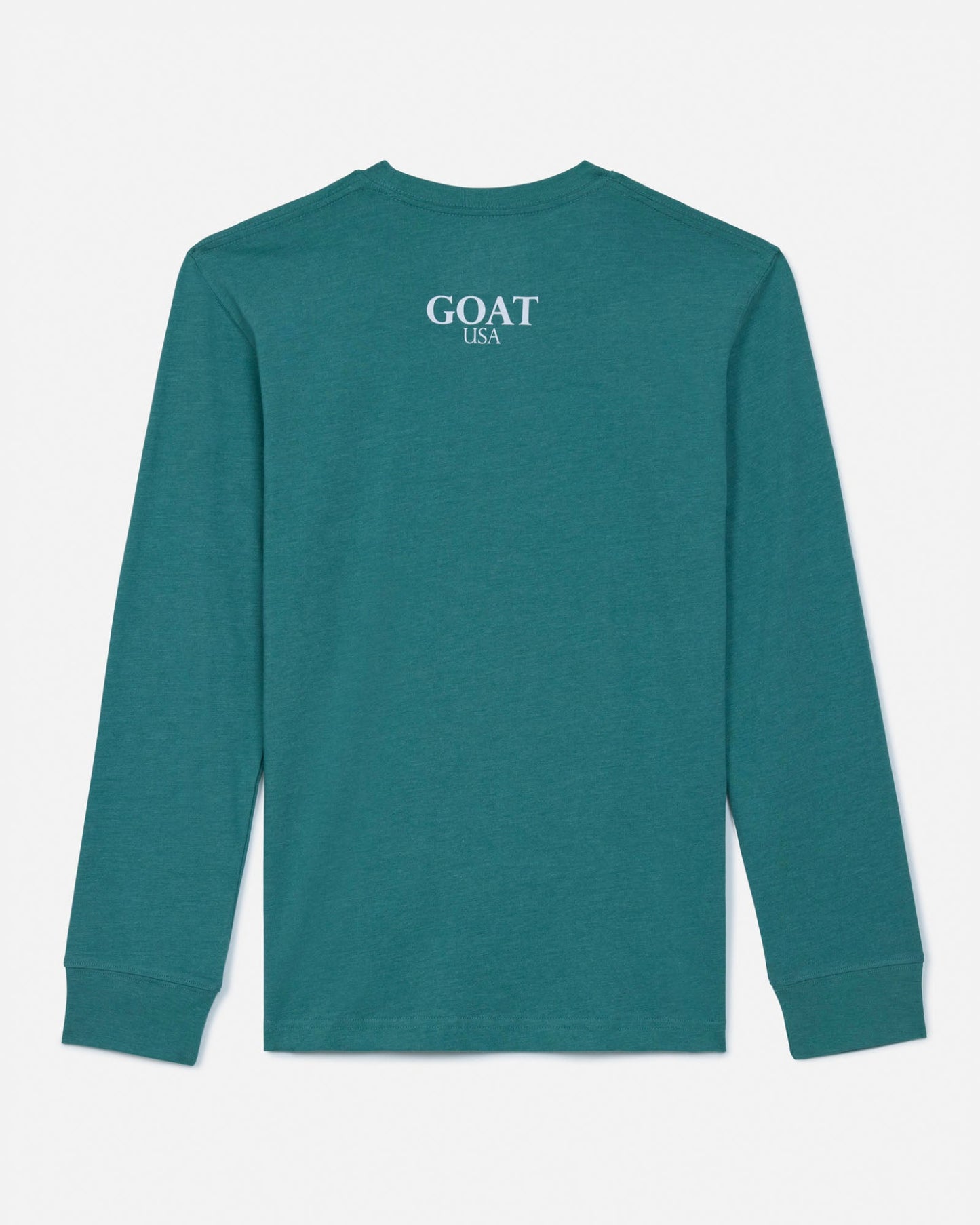 Green long-sleeve shirt with 'GOAT USA' text on the back against a white background#color_deep-sea