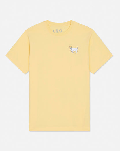 Yellow t-shirt with a small graphic on the chest against a white background#color_corn-milk