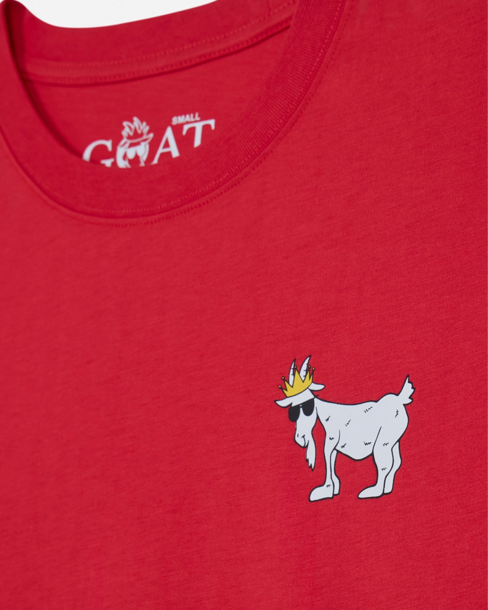Red t-shirt with a white goat graphic and 'Small Goat' text on a white background#color_poinsettia