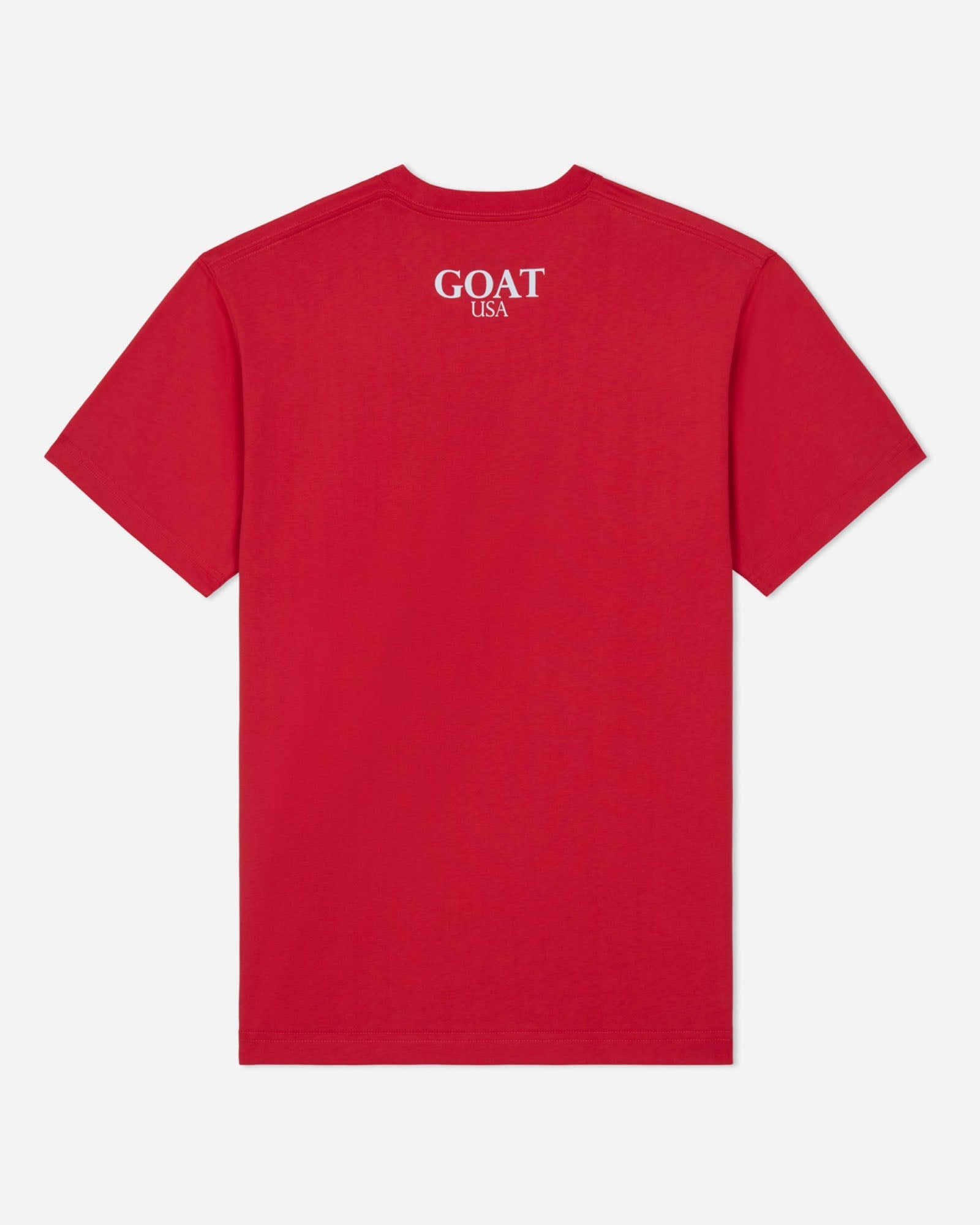 Red t-shirt with 'GOAT USA' text on the back against a white background#color_poinsettia