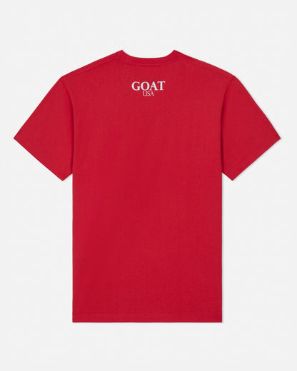 Red t-shirt with 'GOAT USA' text on the back against a white background#color_poinsettia